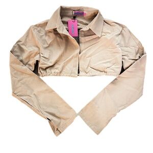 khaki cropped cut out top with ties and tag